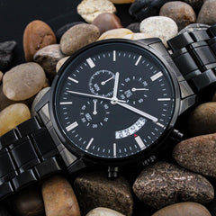 Engraved Design Black Chronograph Watch-Father's Day Gift