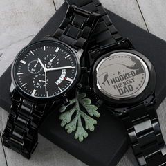Engraved Design Black Chronograph Watch-Father's Day Gift