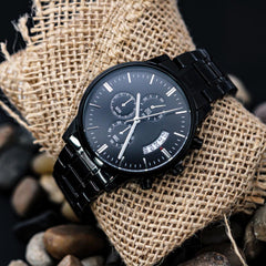 Customizable Engraved Black Chronograph Watch-Father's Day Gift