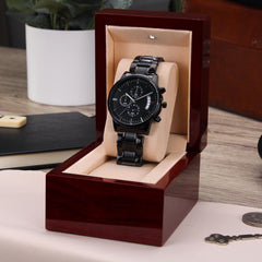 Engraved Design Black Chronograph Watch-Father's Day Gift