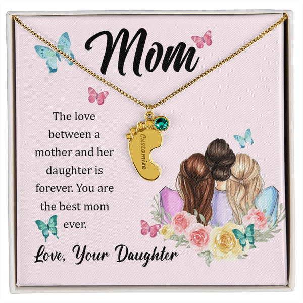 The Best Mom Ever-Engraved Baby Feet Necklace With Birthstone
