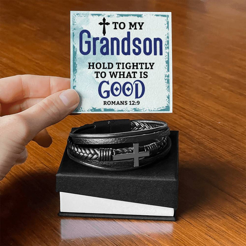 Hold Tightly Grandson - The Good is Worth It Leather Cross Bracelet