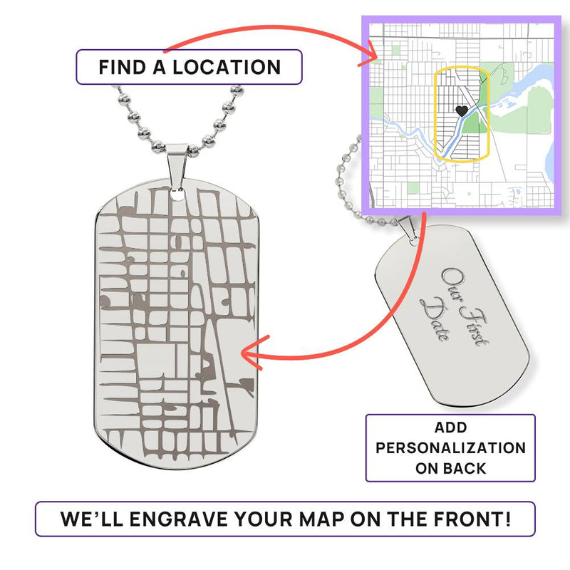 Engraved Dog Tag Map Necklace.