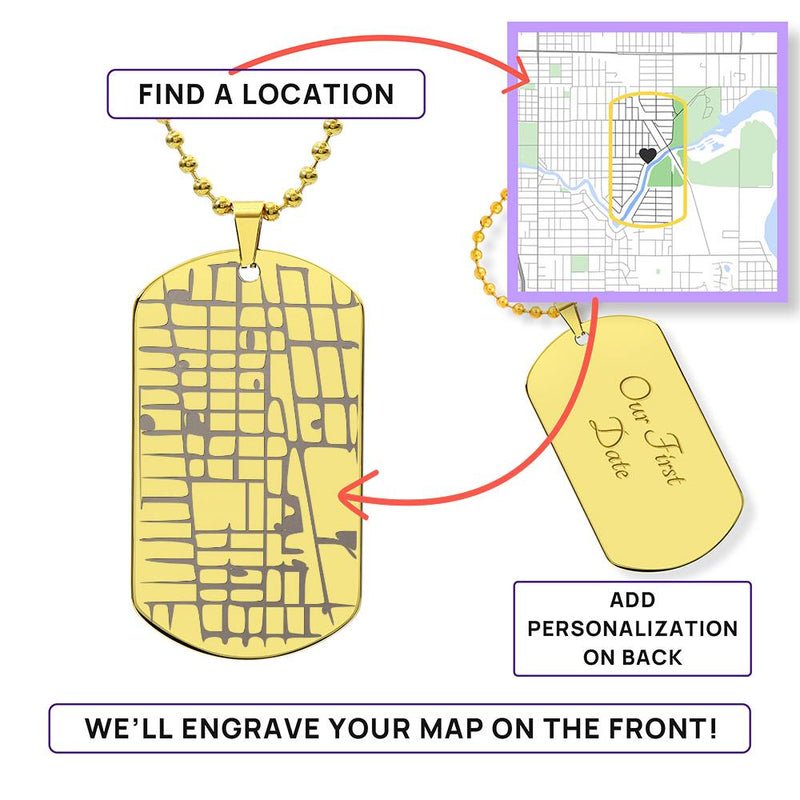 Engraved Dog Tag Map Necklace.